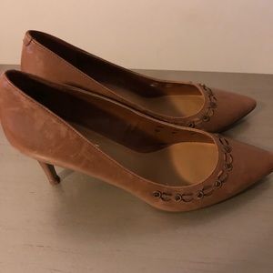 Tan pumps with wooden heel